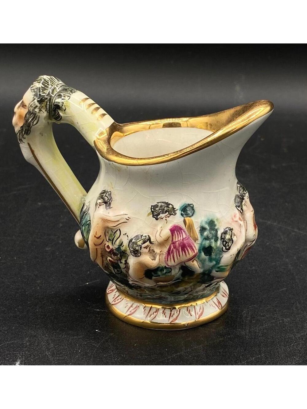 Vintage Capodimonte Mini Creamer Italy Hand Painted Figural Handle Floral 3”